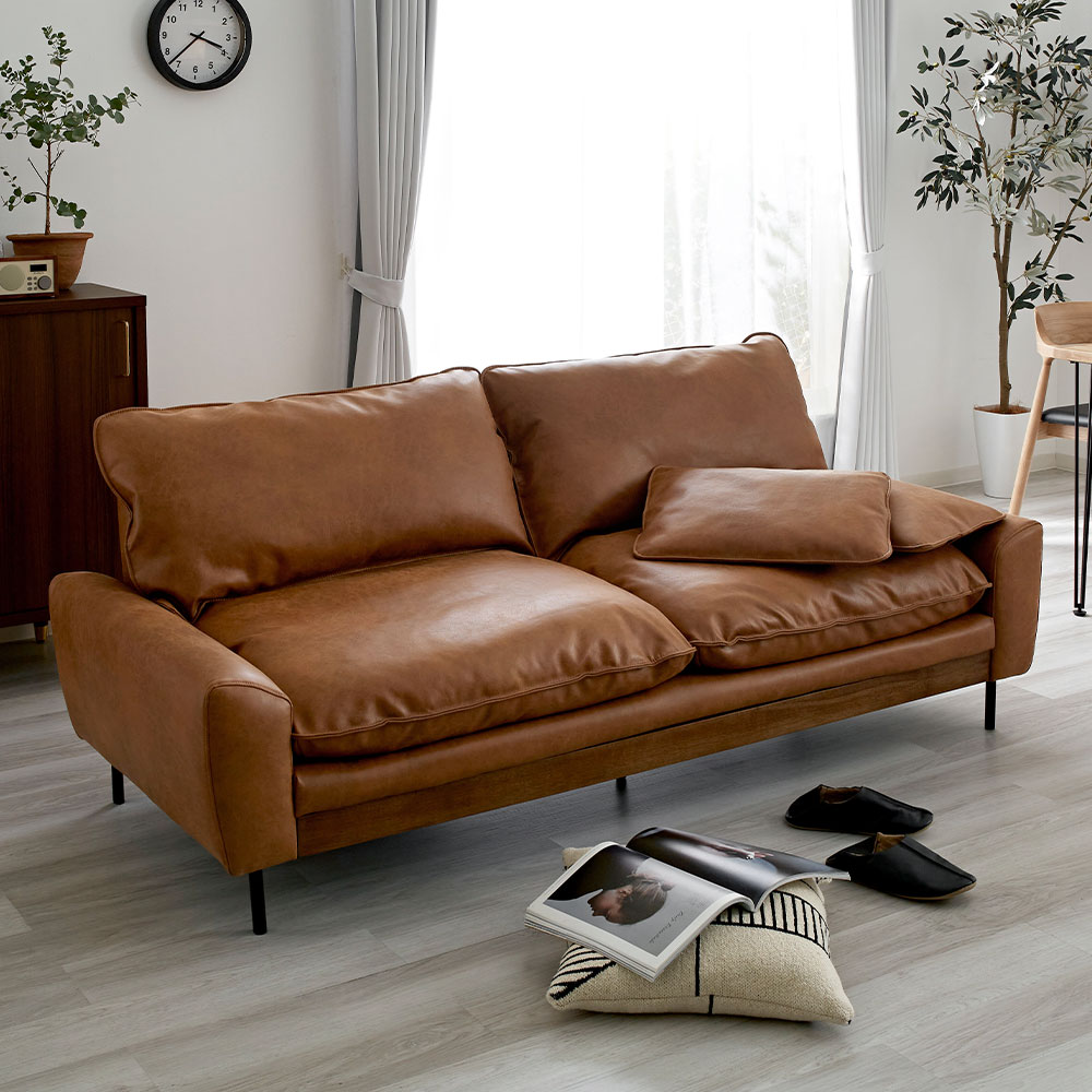 合皮×天然木×ワイド 3人掛け フェザー ソファ オーディン